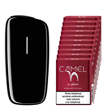 Čierny zahrievač tabaku Ploom X a kartón náplní Camel Burgundy