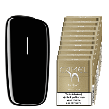 Čierny zahrievač tabaku Ploom X a kartón náplní Camel Gold