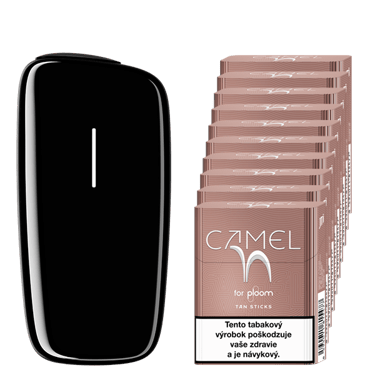 Čierny zahrievač tabaku Ploom X a kartón náplní Camel Tan