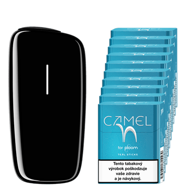 Čierny zahrievač tabaku Ploom X a kartón náplní Camel Teal
