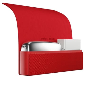 Ploom X Advanced - otvorené Special Edition Red textilné puzdro na zariadenie a náplne - pohľad zboku - biele pozadie