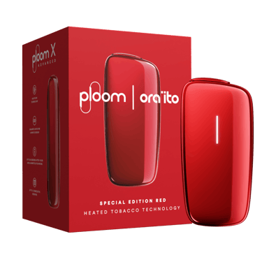 Červený Ploom X Advanced Special Edition Red by Ora ito v balení - pohľad z ľavej a prednej strany