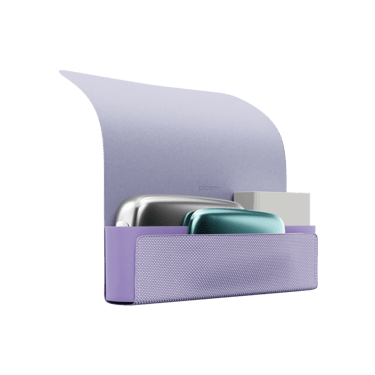 Ploom X Advanced - otvorené fialové textilné puzdro so zariadením, náhradným krytom a náplňami vo vnútri - pohľad zboku