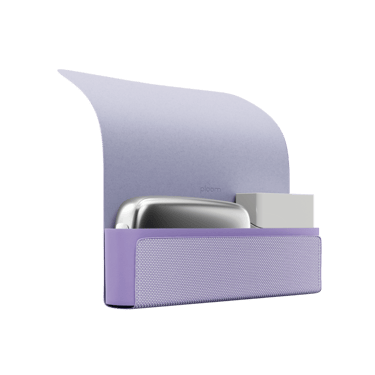 Ploom X Advanced - otvorené fialové textilné puzdro na zariadenie a náplne - pohľad zboku - biele pozadie