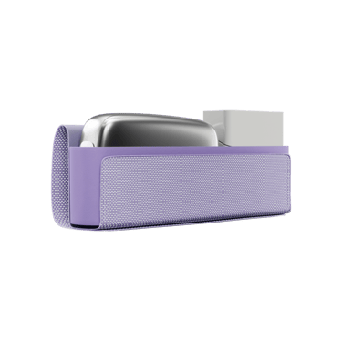 Ploom X Advanced - otvorené fialové textilné puzdro so zariadením a náplňami vo vnútri - pohľad zboku