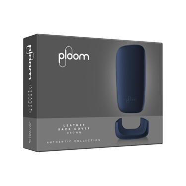 Ploom X modrý kožený zadný panel Navy Blue a jeho obal - pohľad z prednej strany