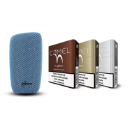 Ploom X zadný kryt v Blue farbe a tri krabičky Camel Silver, Gold a Bronze