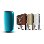 Ploom X predný kryt v Ocean Blue farbe a tri krabičky Camel Bronze, Gold a Silver