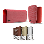 Ploom X súprava v červenej farbe - puzdro, predný kryt, zadný kryt a 3 krabičky Camel - Bronze, Gold, Silver