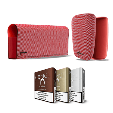 Ploom X súprava v červenej farbe - puzdro, predný kryt, zadný kryt a 3 krabičky Camel - Bronze, Gold, Silver