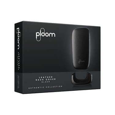 Ploom X čierný kožený zadný panel Black a jeho obal - pohľad z prednej strany