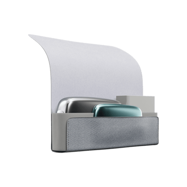 Ploom X Advanced - otvorené sivé textilné puzdro so zariadením, náhradným krytom a náplňami vo vnútri - pohľad zboku