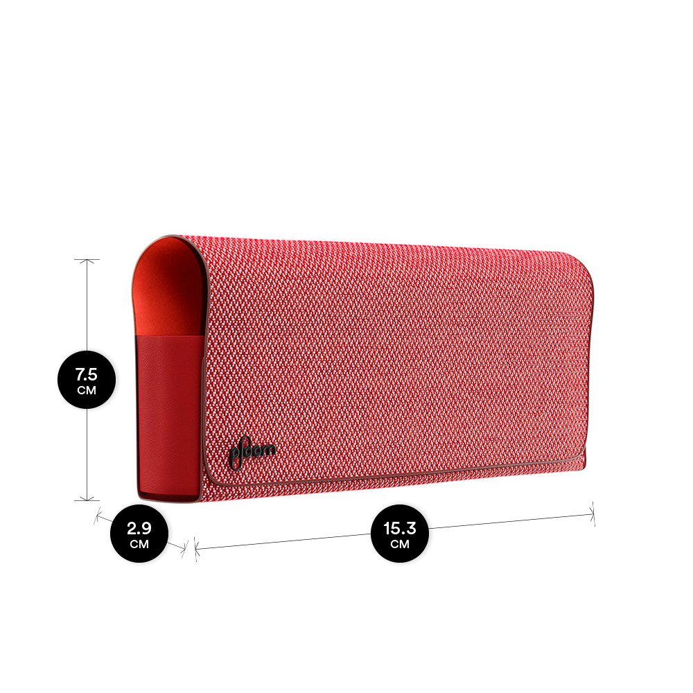 Červené textilné prenosné cestovné puzdro pre Ploom X Advanced a jeho rozmery