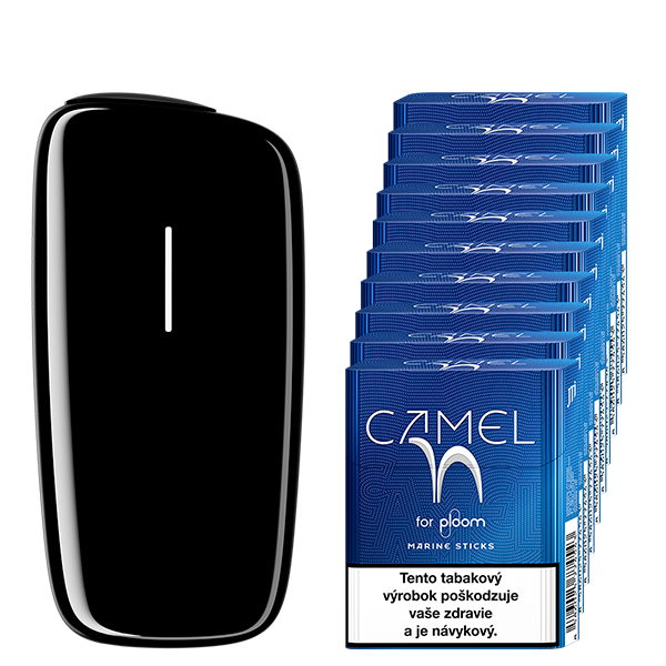 Čierny zahrievač tabaku Ploom X a kartón náplní Camel Marine