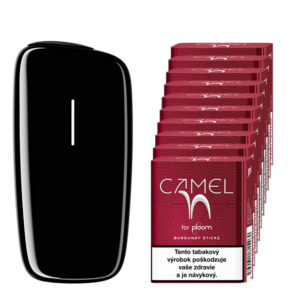 Čierny zahrievač tabaku Ploom X a kartón náplní Camel Burgundy