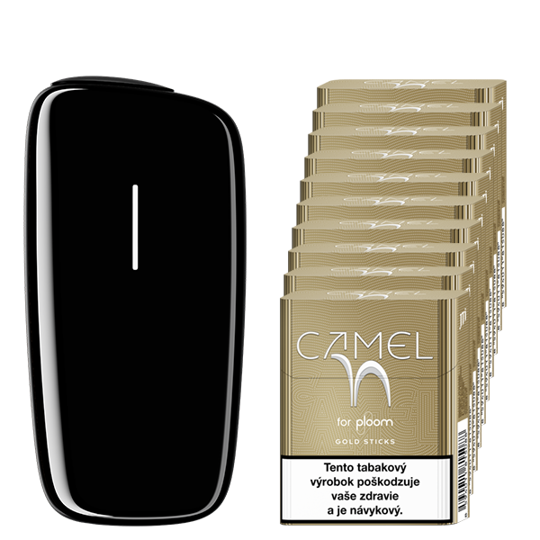Čierny zahrievač tabaku Ploom X a kartón náplní Camel Gold