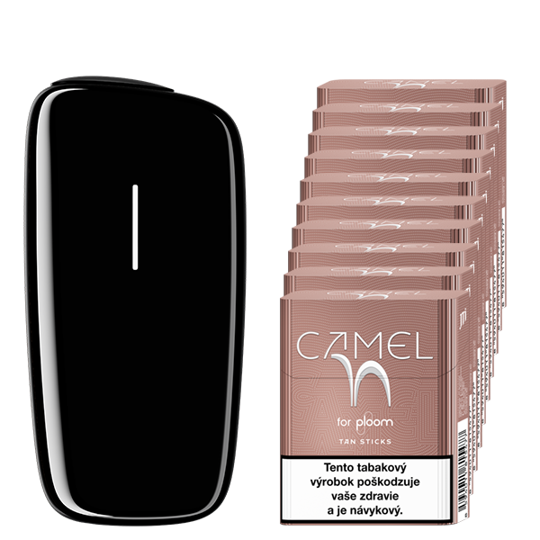 Čierny zahrievač tabaku Ploom X a kartón náplní Camel Tan