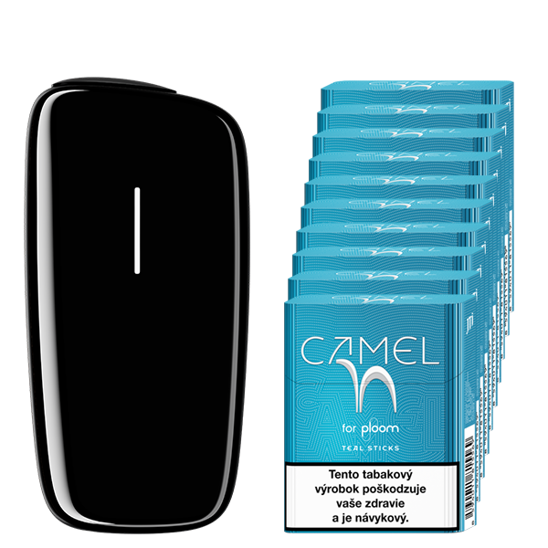 Čierny zahrievač tabaku Ploom X a kartón náplní Camel Teal