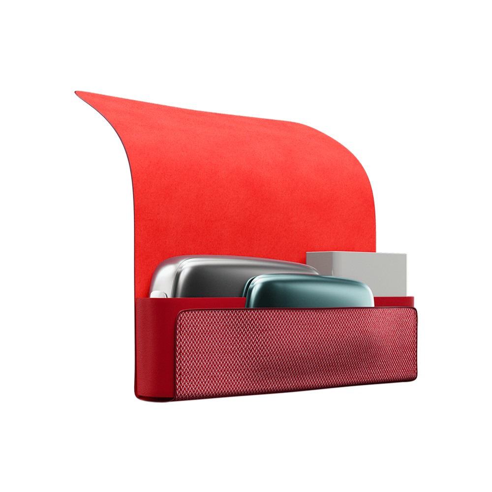 Ploom X Advanced - otvorené červené textilné puzdro na zariadenie a náplne - pohľad zboku - biele pozadie