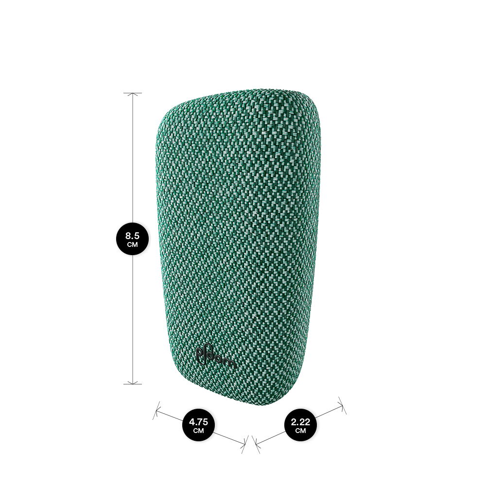 Zelený textilný zadný panel Ploom X Green s jeho rozmermi - pohľad z prednej strany