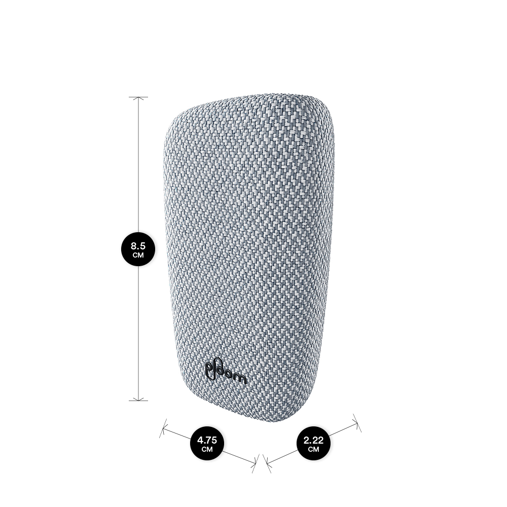 Sivý textilný zadný panel Ploom X Grey s jeho rozmermi - pohľad z prednej strany