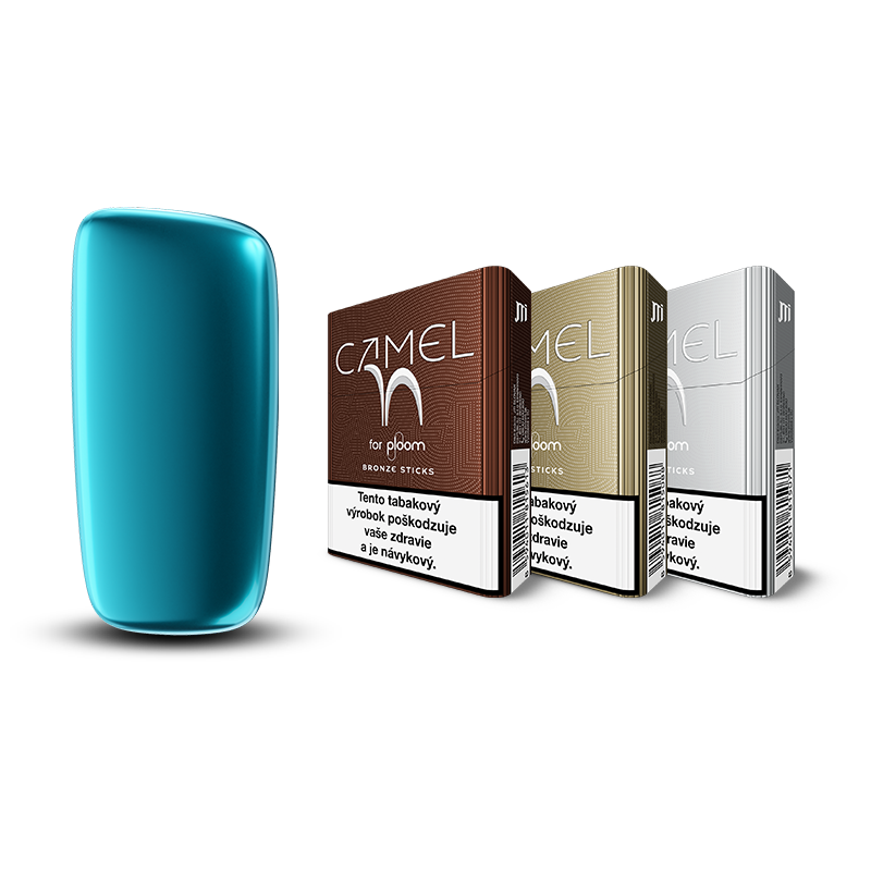 Ploom X predný kryt v Ocean Blue farbe a tri krabičky Camel Bronze, Gold a Silver