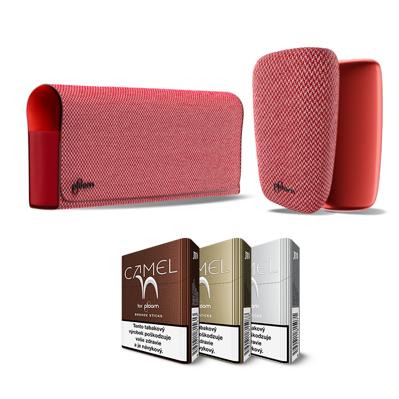 Ploom X súprava v červenej farbe - puzdro, predný kryt, zadný kryt a 3 krabičky Camel - Bronze, Gold, Silver
