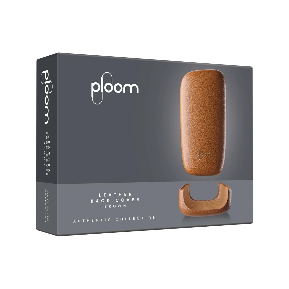 Ploom X hnedý kožený zadný panel Brown a jeho obal - pohľad z prednej strany