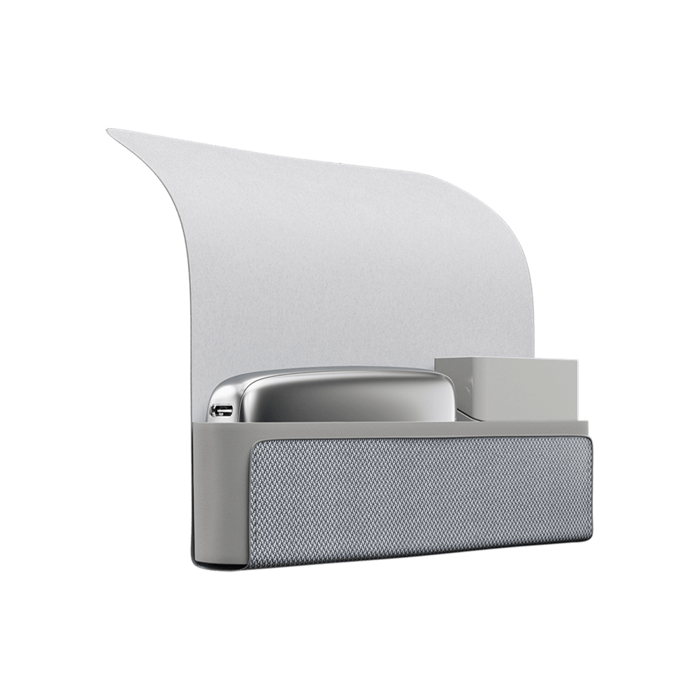 Ploom X Advanced - otvorené sivé textilné puzdro na zariadenie a náplne - pohľad zboku - biele pozadie