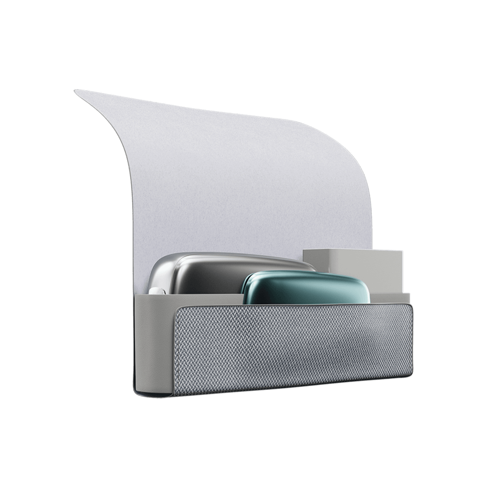 Ploom X Advanced - otvorené sivé textilné puzdro so zariadením, náhradným krytom a náplňami vo vnútri - pohľad zboku