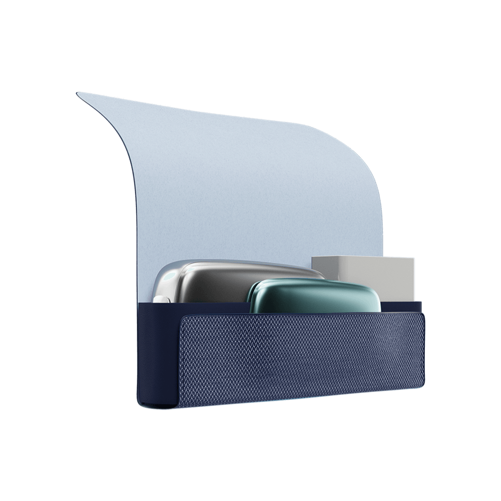Ploom X Advanced - otvorené modré textilné puzdro so zariadením, náhradným krytom a náplňami vo vnútri - pohľad zboku