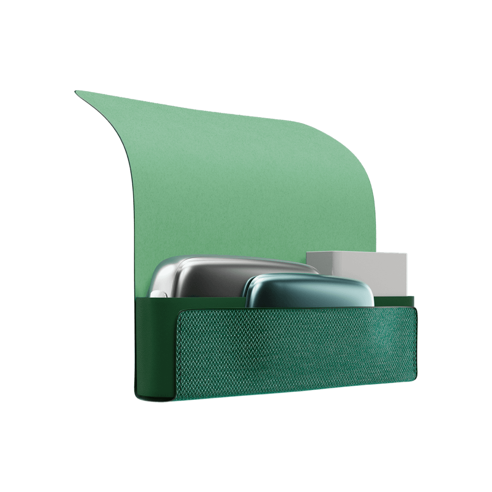 Ploom X Advanced - otvorené zelené textilné puzdro so zariadením, náhradným krytom a náplňami vo vnútri - pohľad zboku