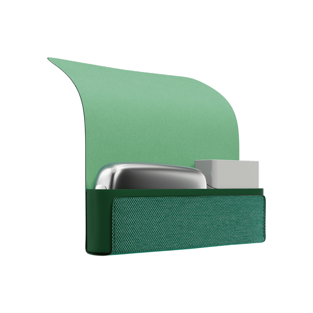 Ploom X Advanced - otvorené zelené textilné puzdro na zariadenie a náplne - pohľad zboku - biele pozadie