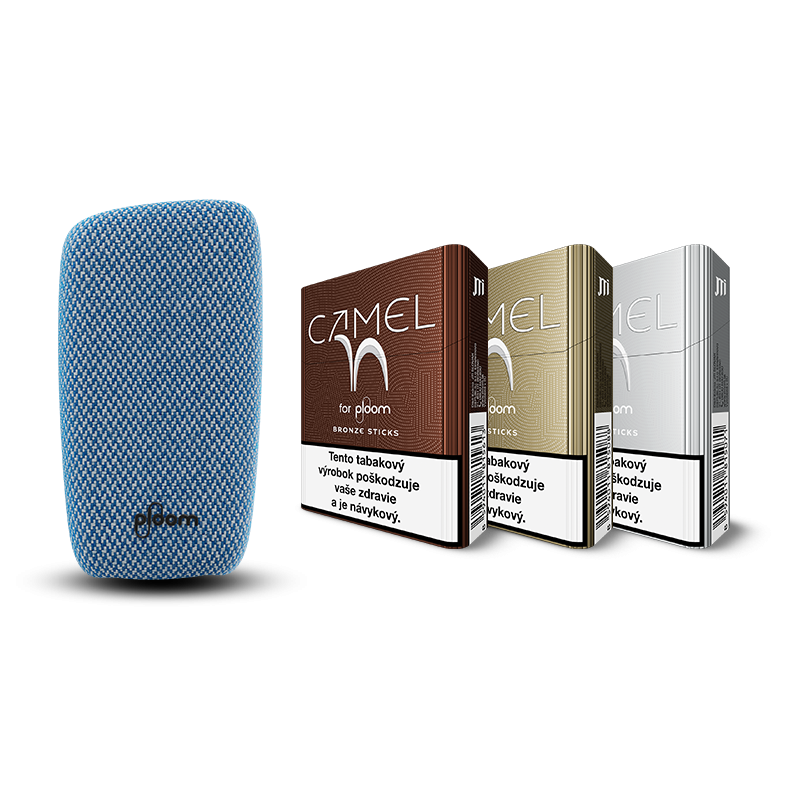 Ploom X zadný kryt v Blue farbe a tri krabičky Camel Silver, Gold a Bronze