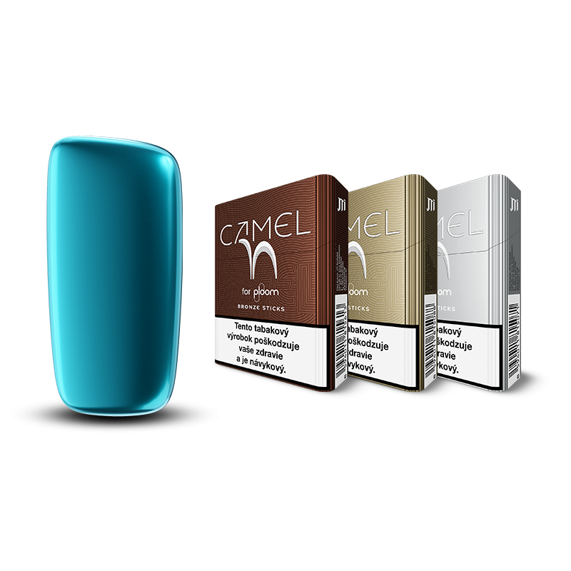 Ploom X predný kryt v Ocean Blue farbe a tri krabičky Camel Bronze, Gold a Silver