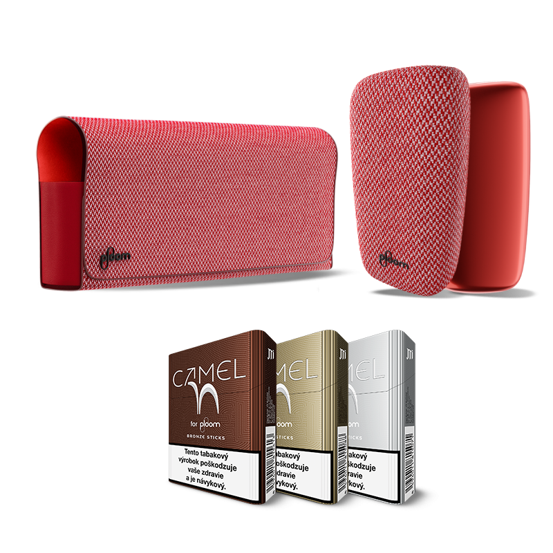 Ploom X súprava v červenej farbe - puzdro, predný kryt, zadný kryt a 3 krabičky Camel - Bronze, Gold, Silver